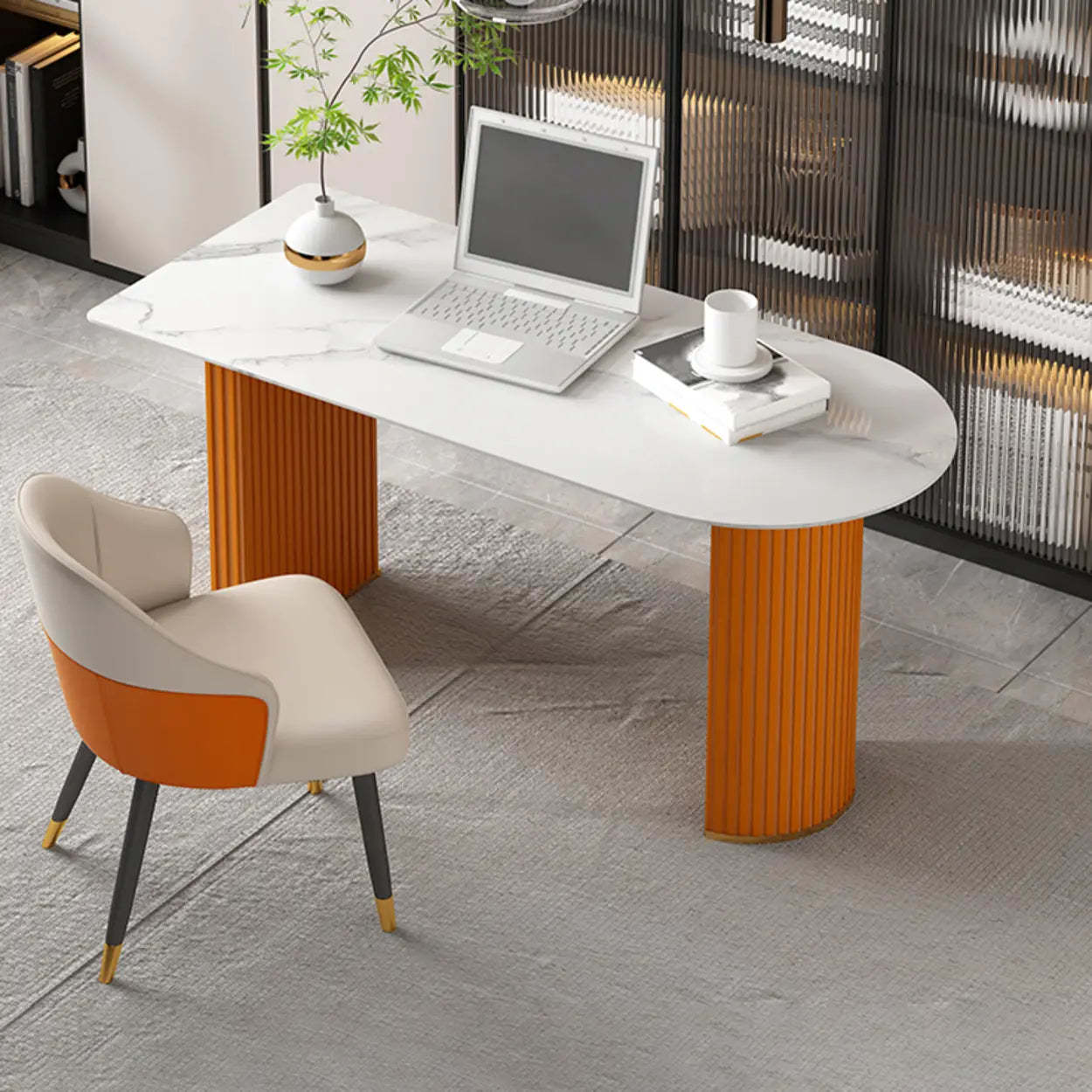 White Free-Form Sintered Stone Writing Desk — White / Table Only