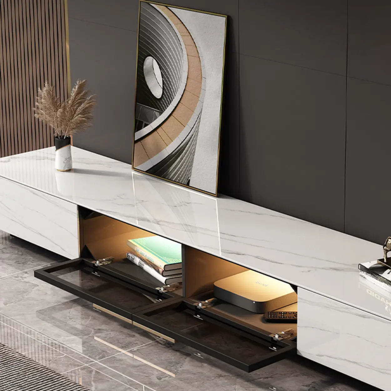White Stone TV Stand with Drawers and Lighting