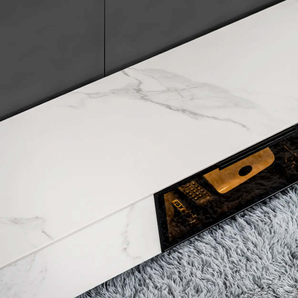 White Stone TV Stand with Drawers and Lighting