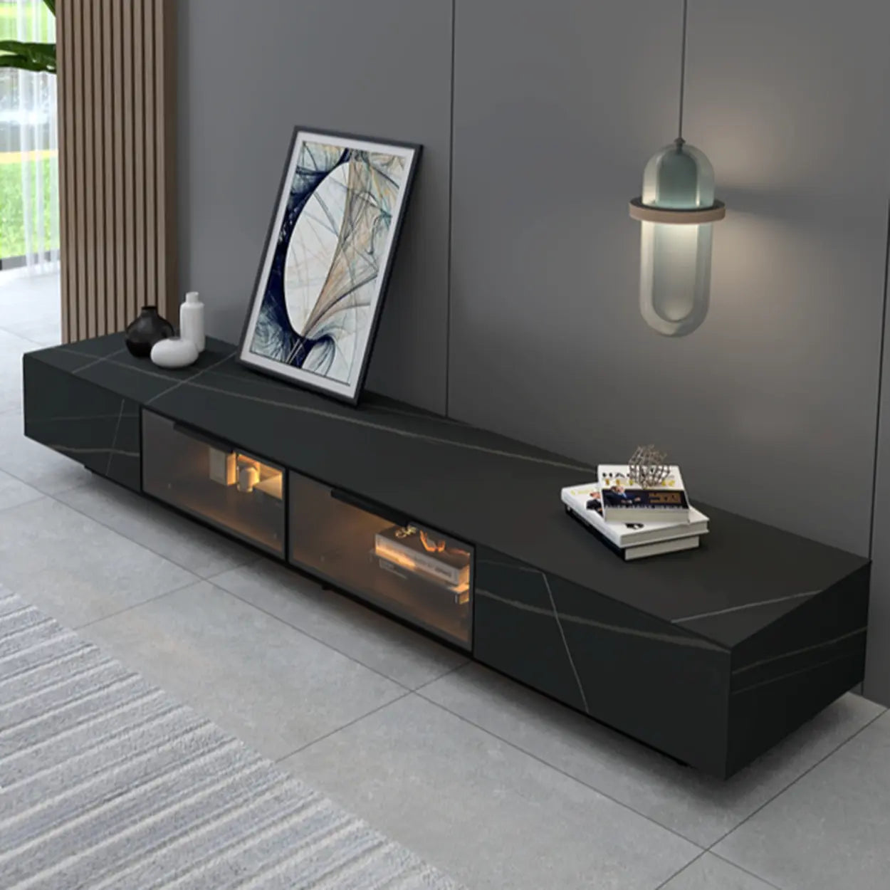White Stone TV Stand with Drawers and Lighting — Black