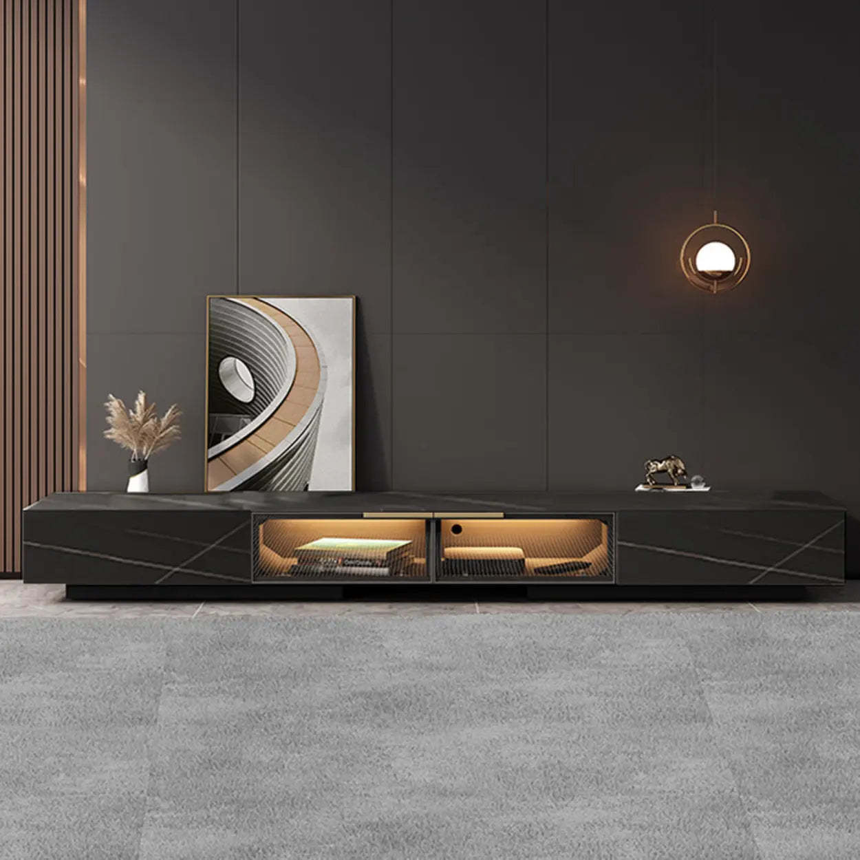 White Stone TV Stand with Drawers and Lighting — White
