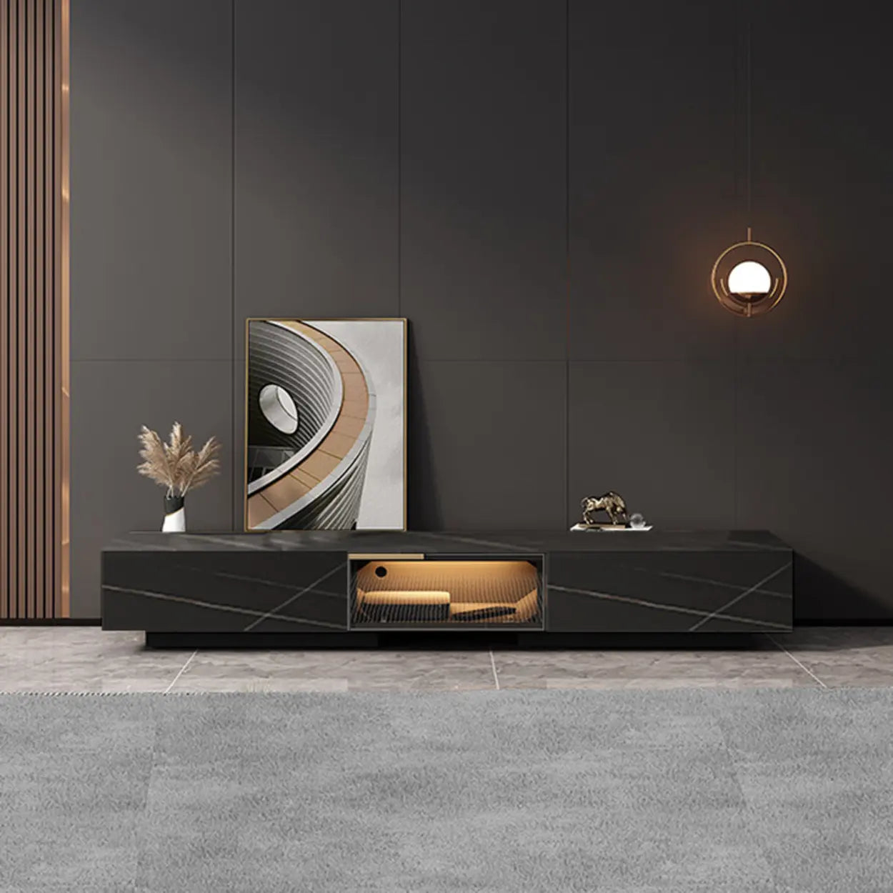 White Stone TV Stand with Drawers and Lighting — White