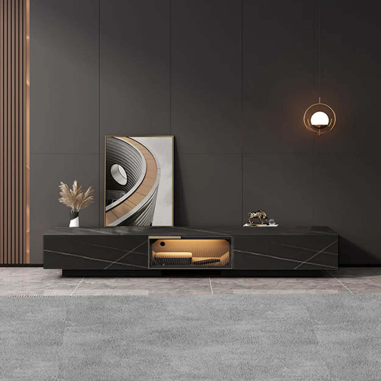 White Stone TV Stand with Drawers and Lighting — White