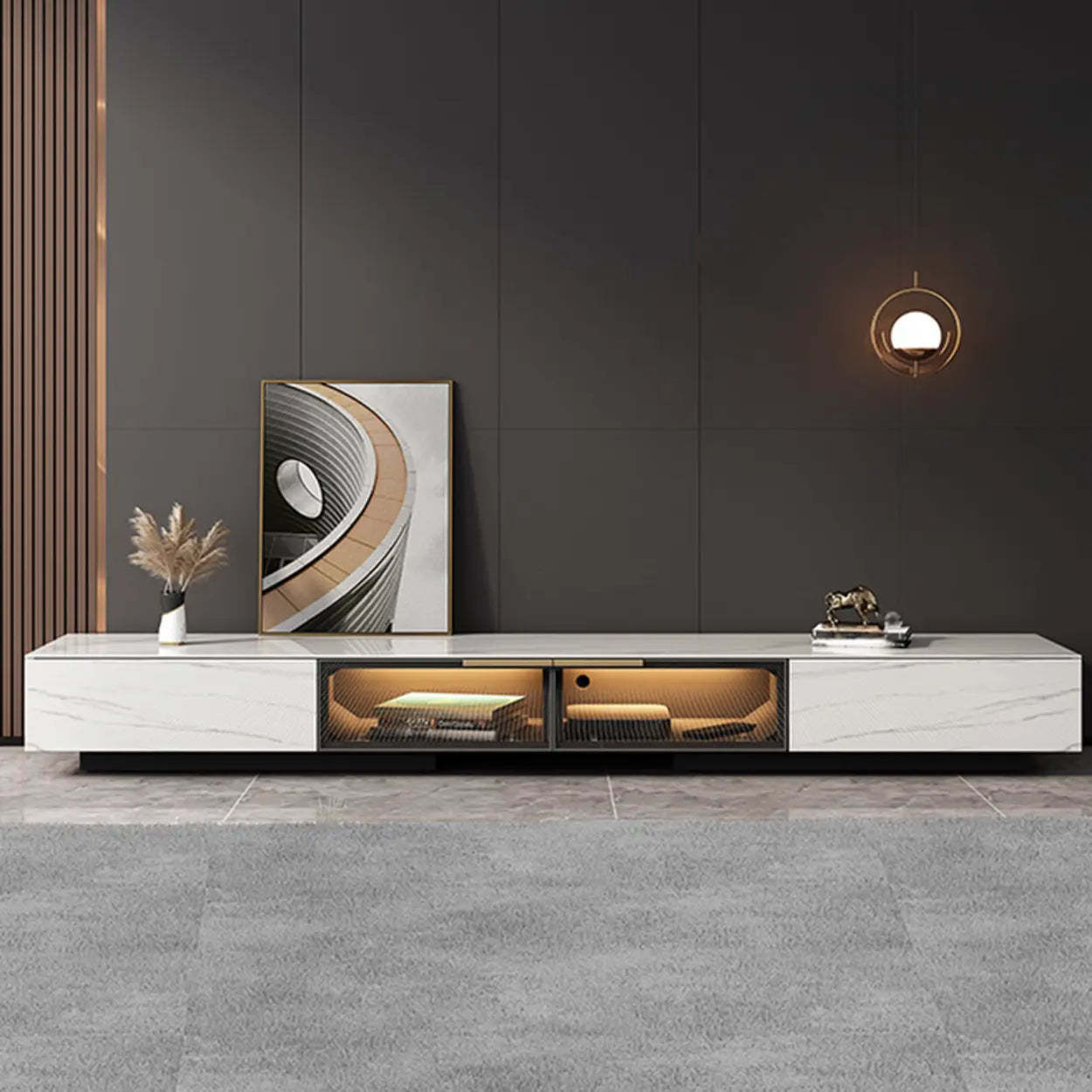 White Stone TV Stand with Drawers and Lighting — White