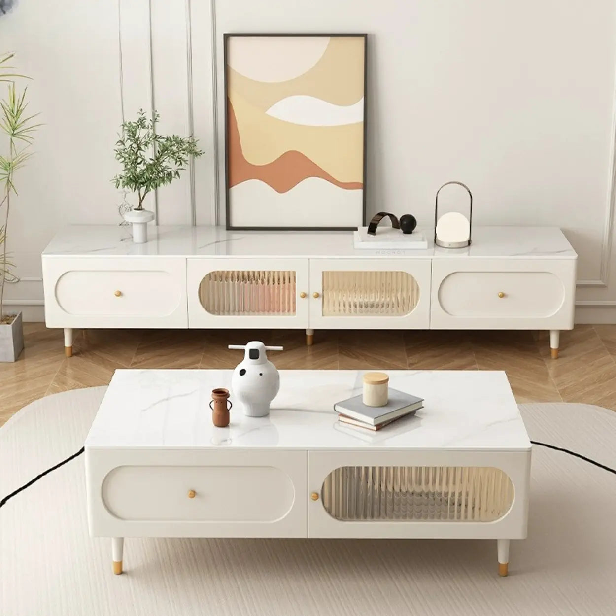 White Stone Shelf Long Rectangle TV Stand