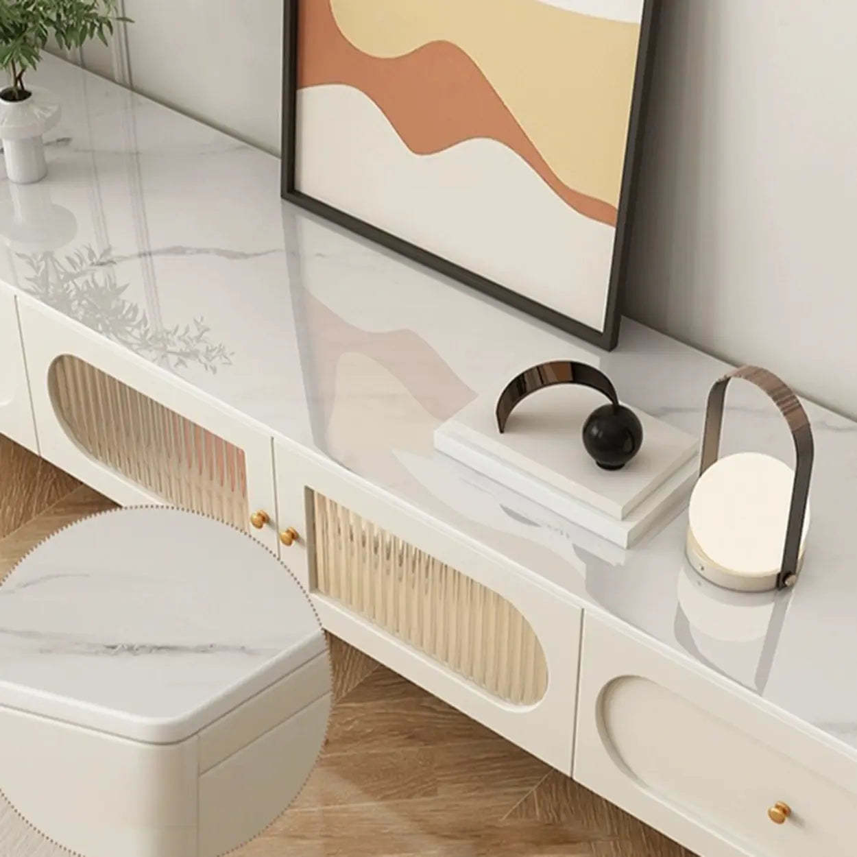 White Stone Shelf Long Rectangle TV Stand