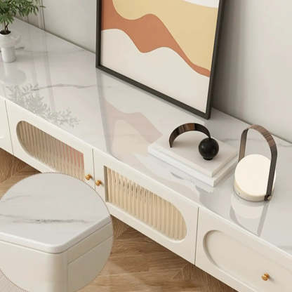 White Stone Shelf Long Rectangle TV Stand
