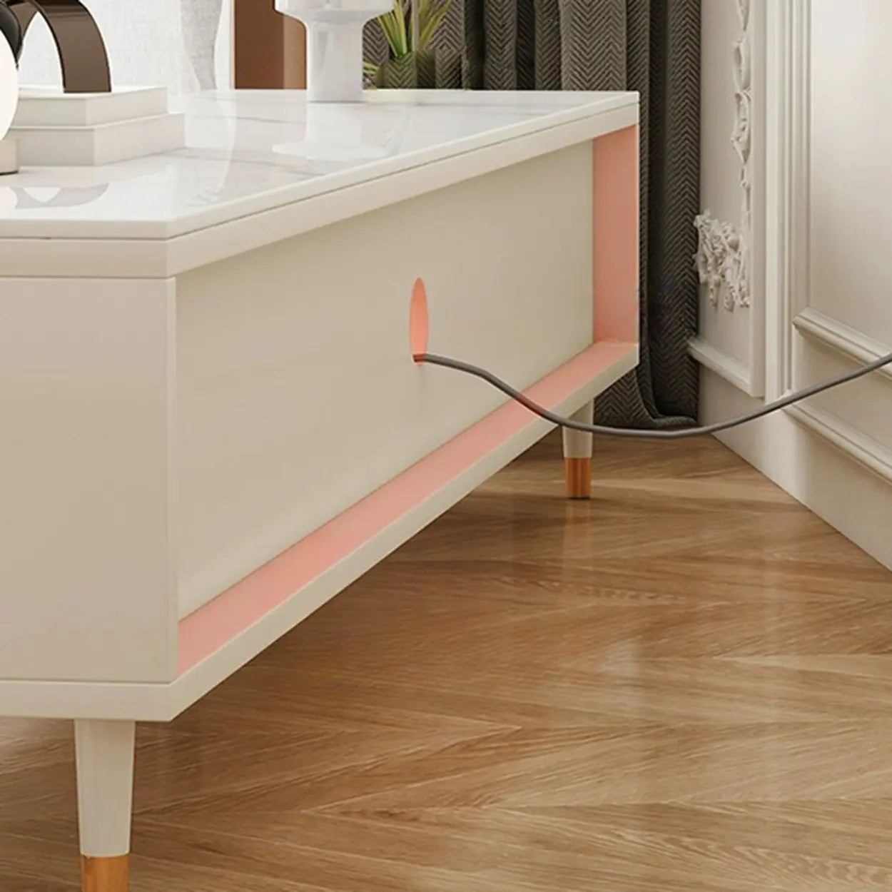 White Stone Shelf Long Rectangle TV Stand