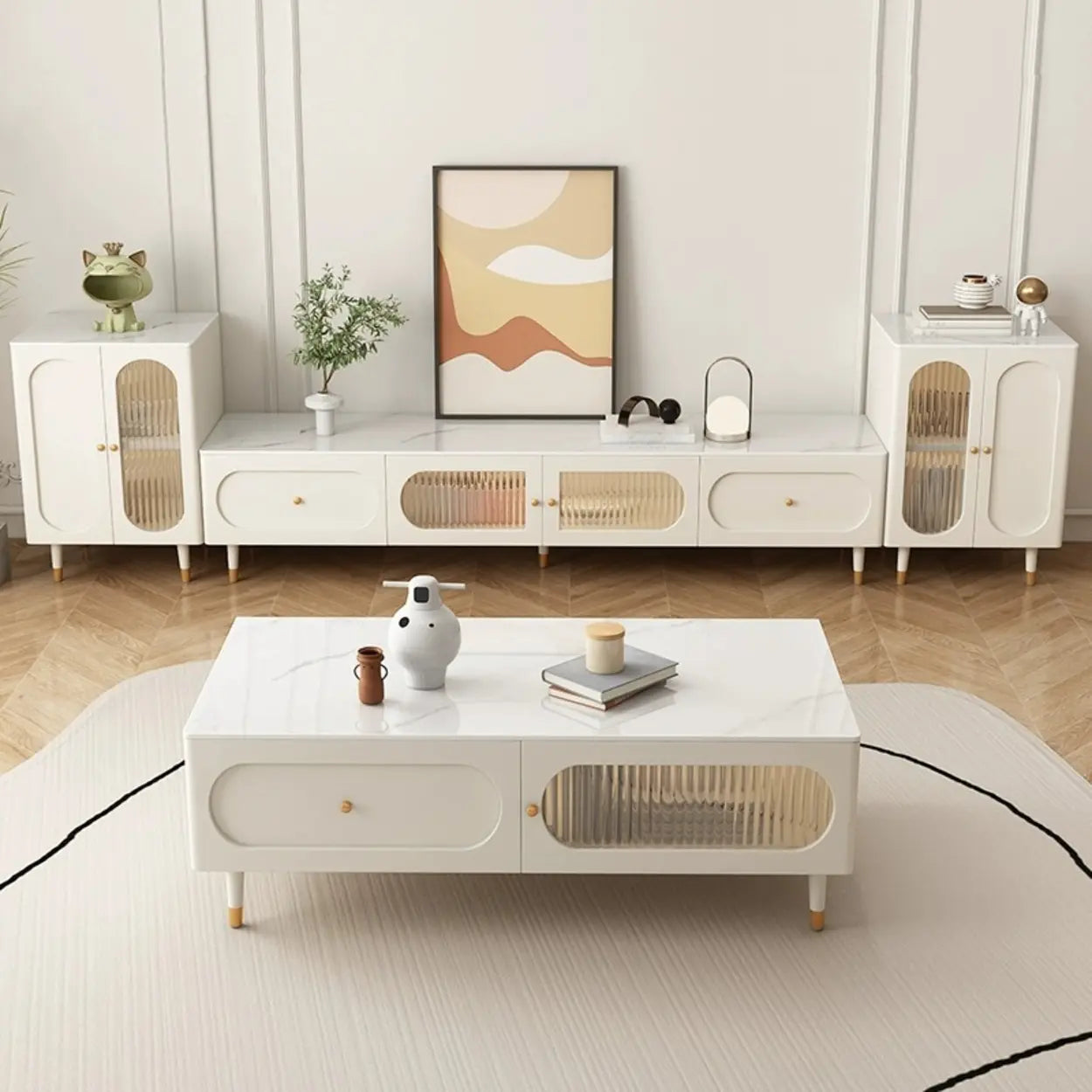 White Stone Shelf Long Rectangle TV Stand