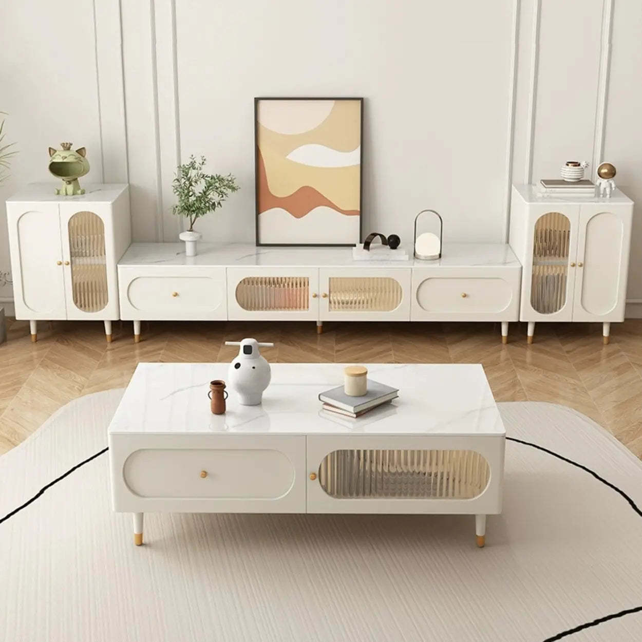 White Stone Shelf Long Rectangle TV Stand