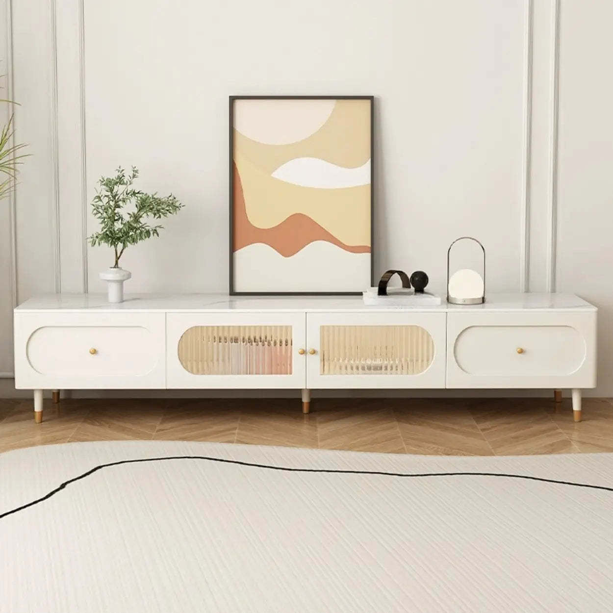 White Stone Shelf Long Rectangle TV Stand