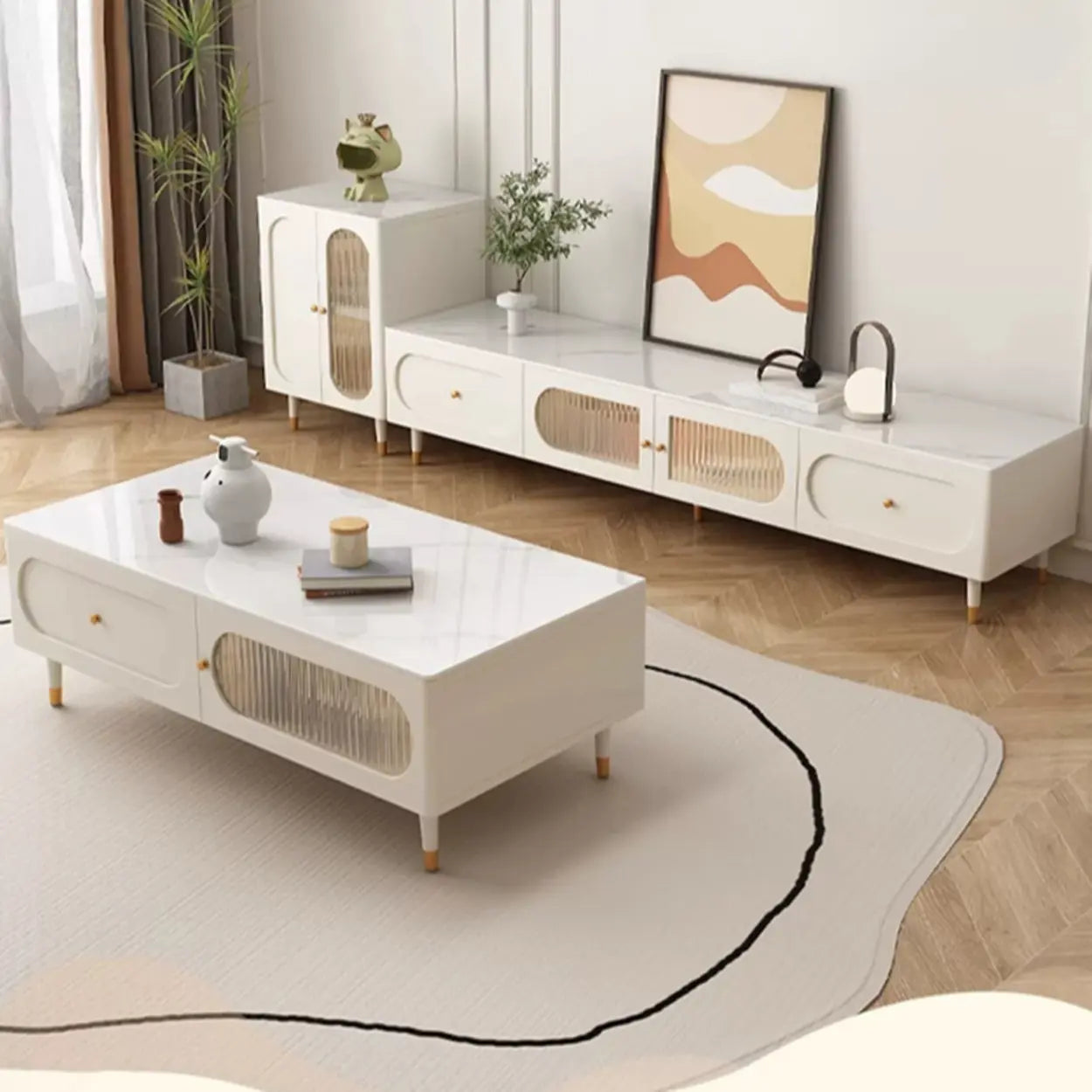 White Stone Shelf Long Rectangle TV Stand