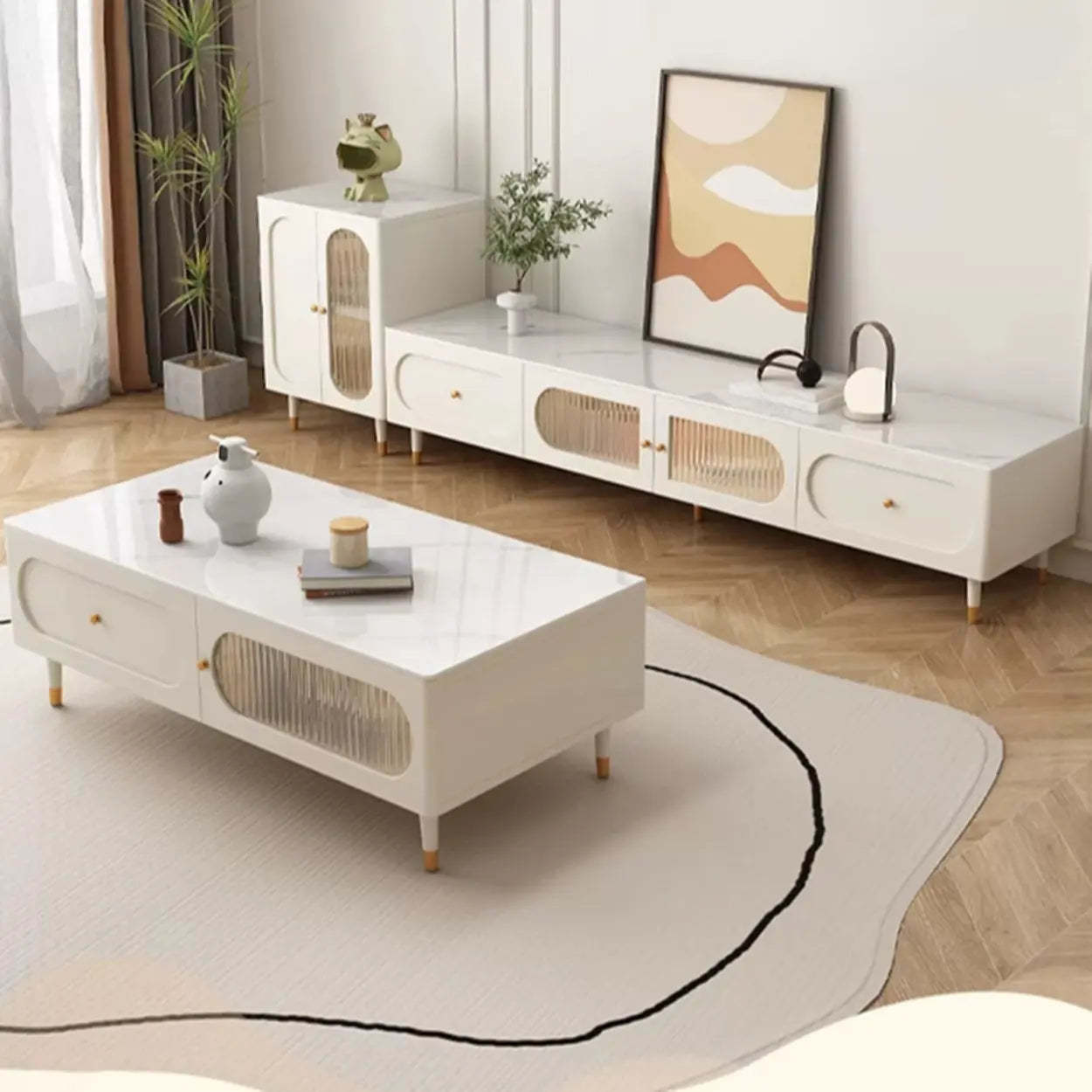 White Stone Shelf Long Rectangle TV Stand