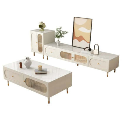 White Stone Shelf Long Rectangle TV Stand