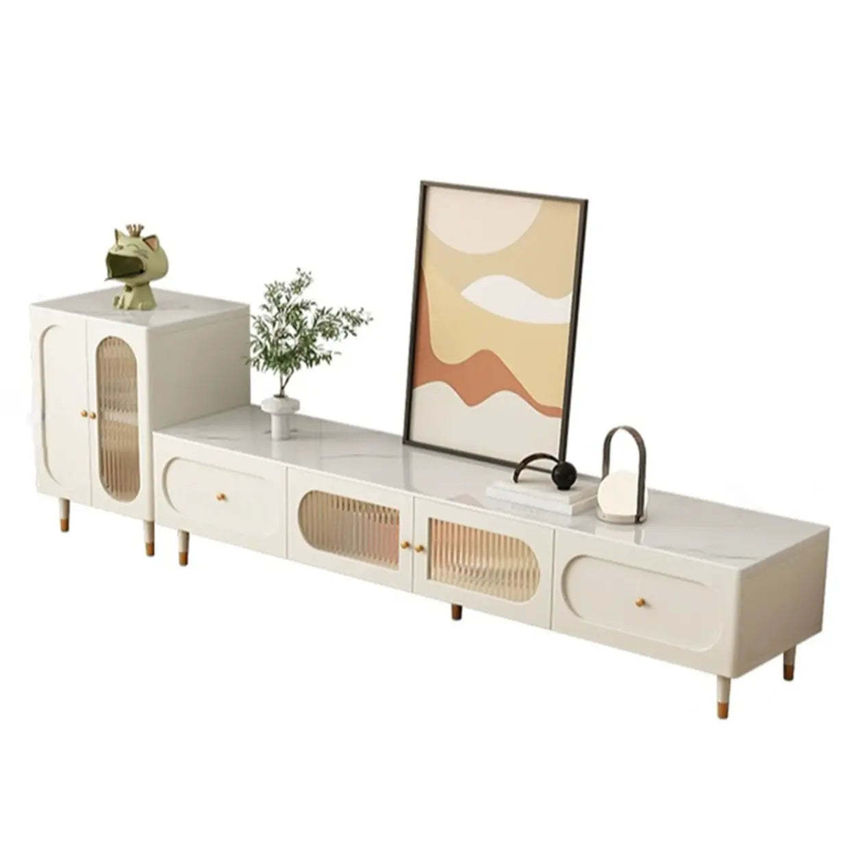 White Stone Shelf Long Rectangle TV Stand
