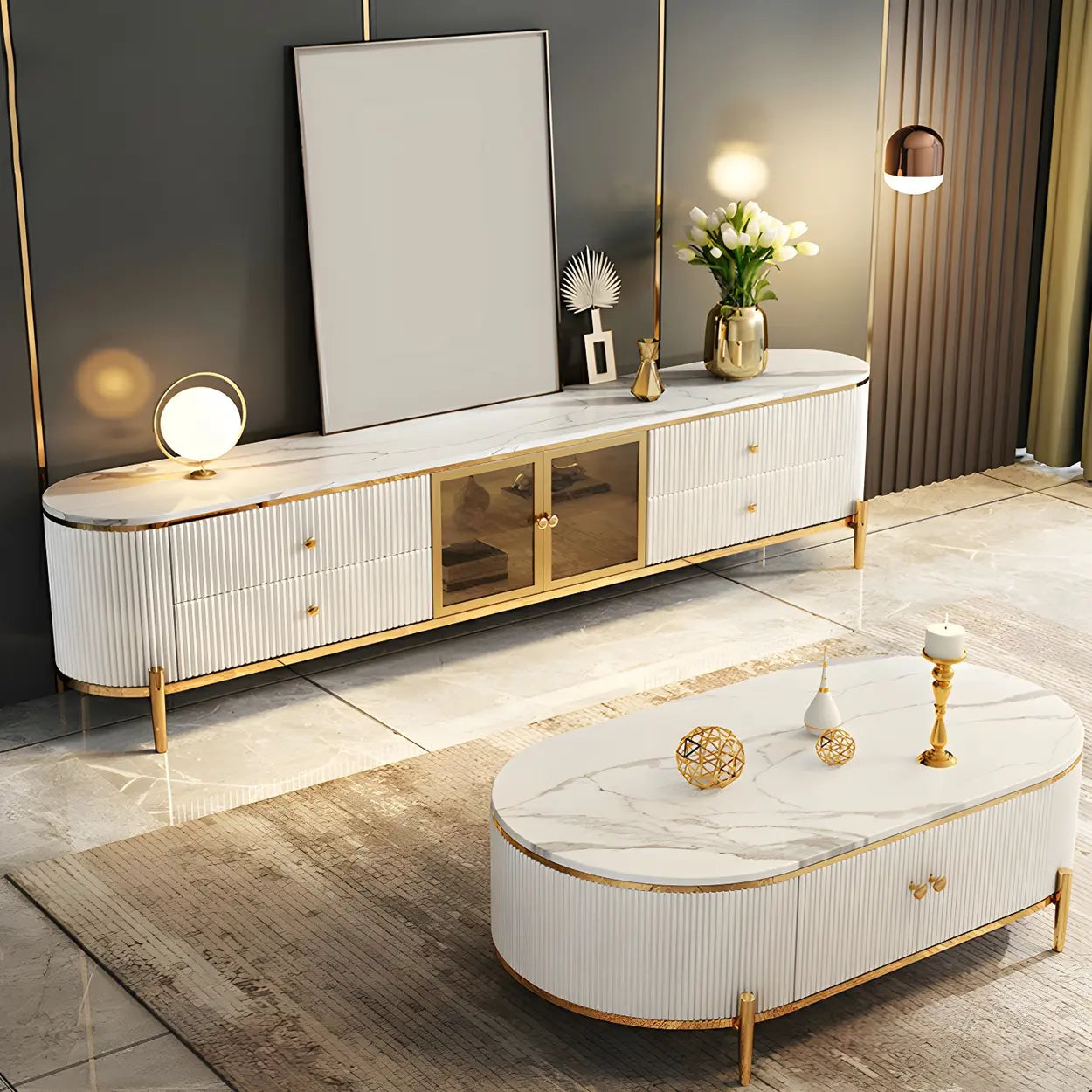 White Stone Drawer Shelf Long TV Stand with Legs