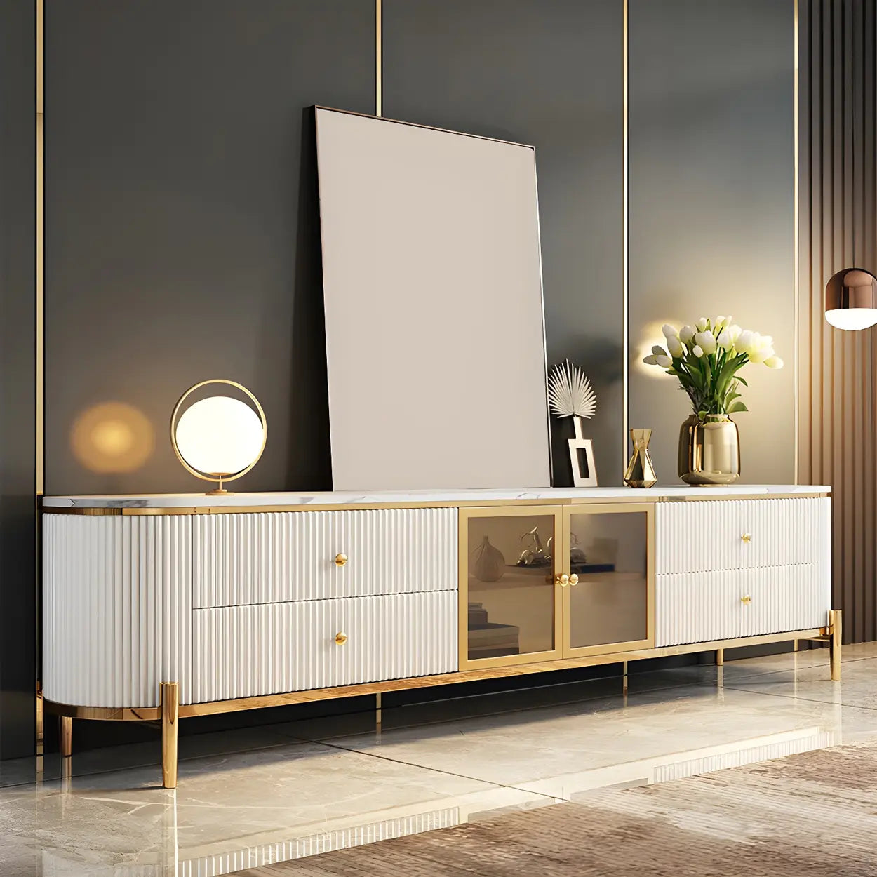 White Stone Drawer Shelf Long TV Stand with Legs — Grey