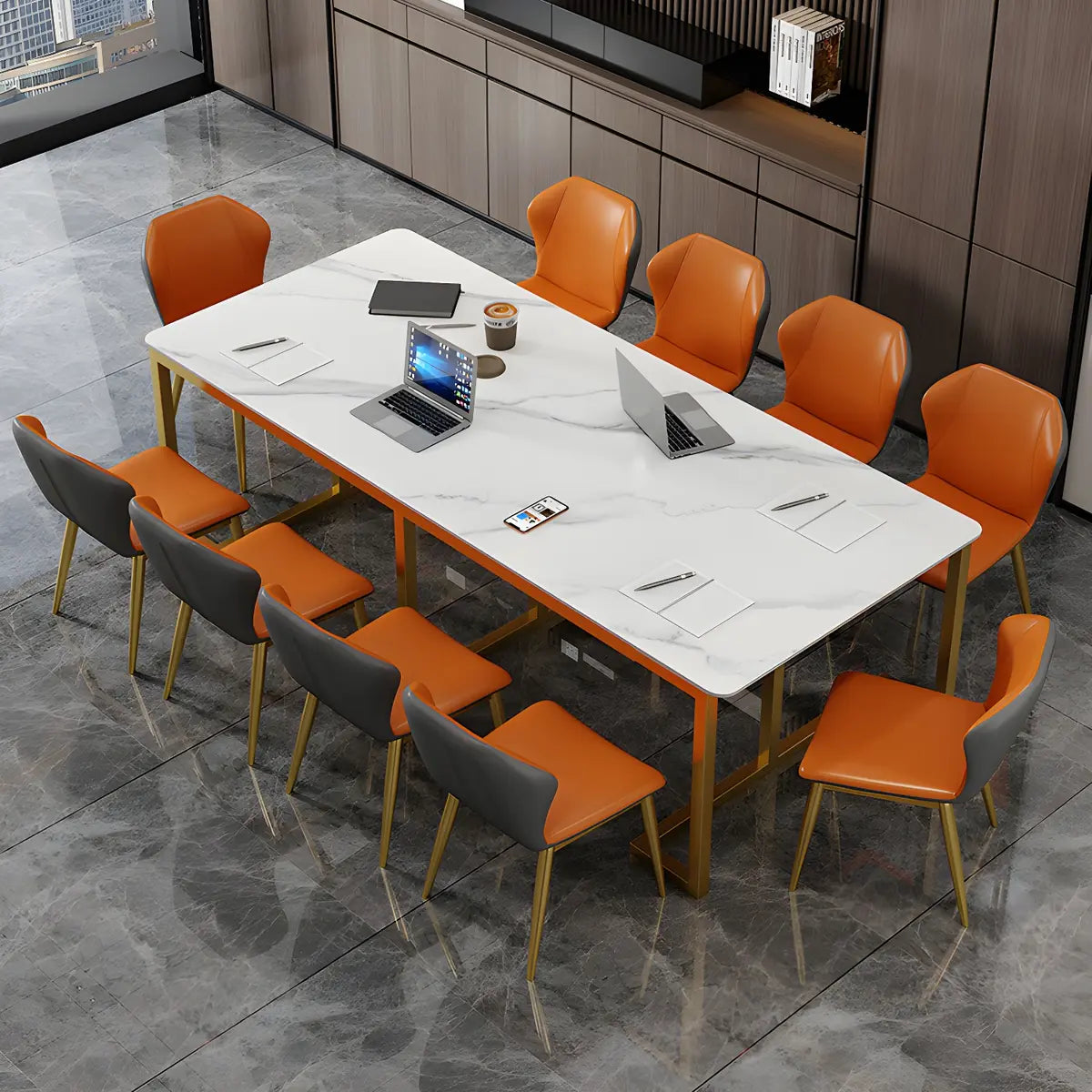 White Stone Gold Metal-Base Conference Table for 10