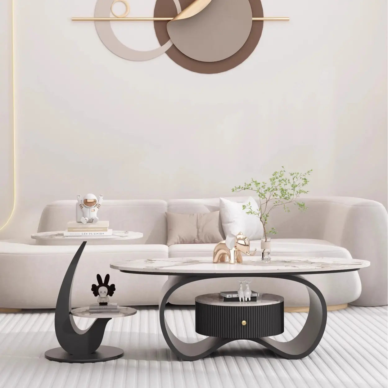 White Stone Oval Coffee Table with Drawer