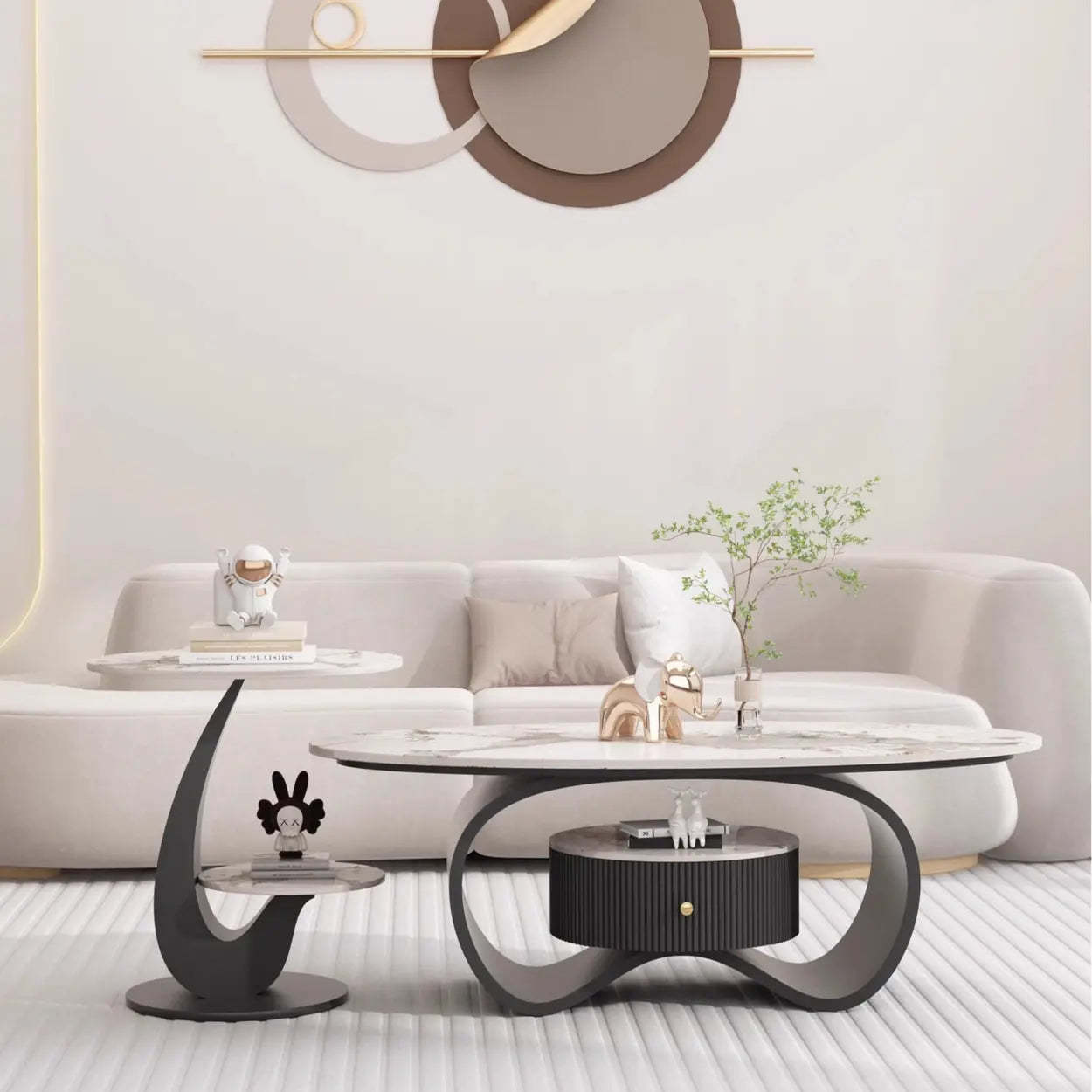 White Stone Oval Coffee Table with Drawer — Black