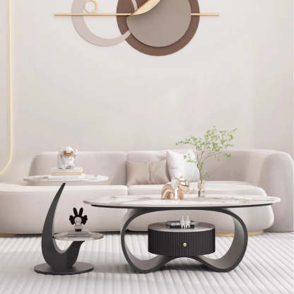 White Stone Oval Coffee Table with Drawer — Black