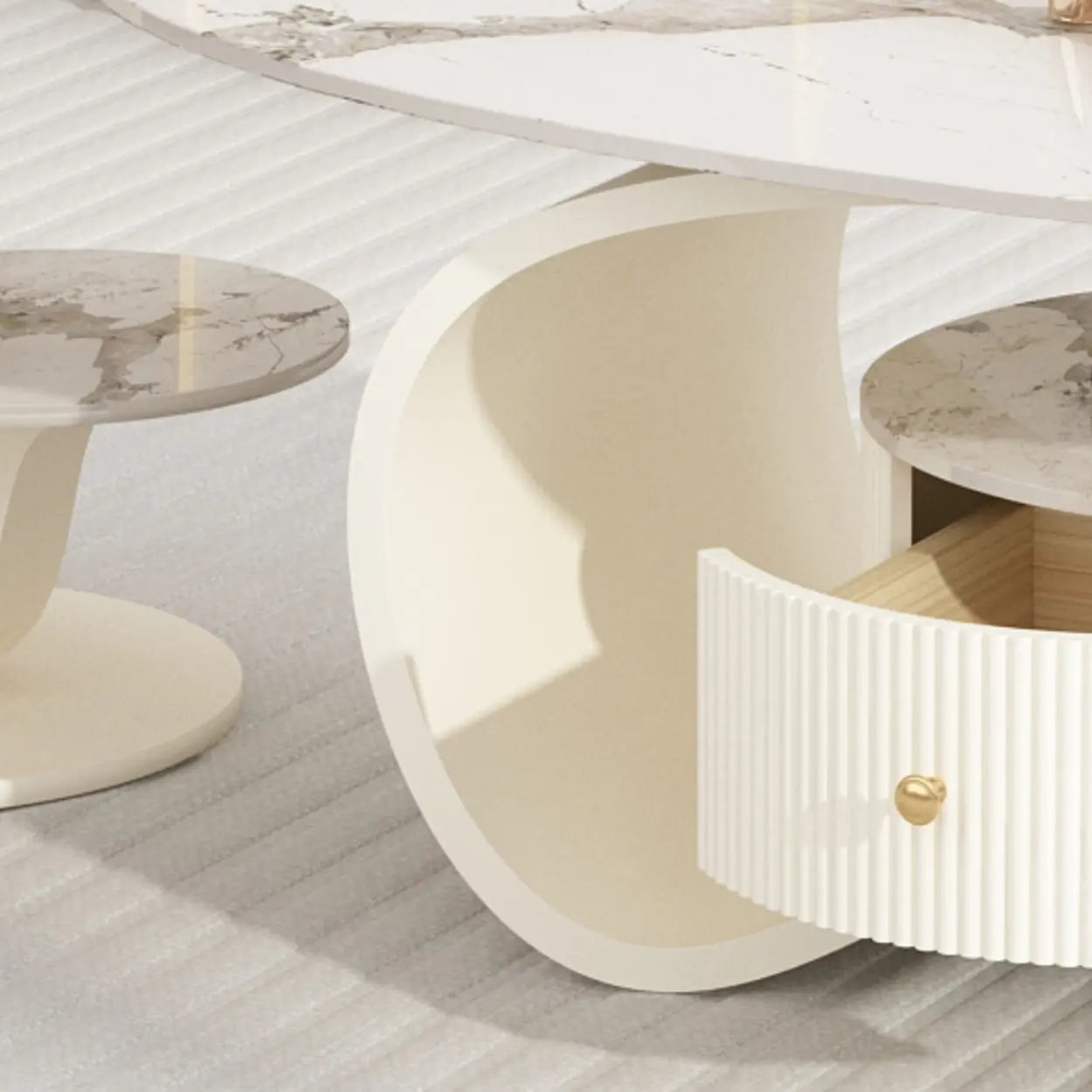 White Stone Oval Coffee Table with Drawer — Beige