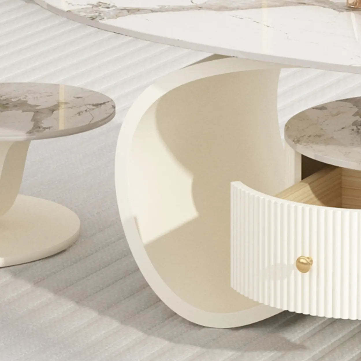 White Stone Oval Coffee Table with Drawer — Beige