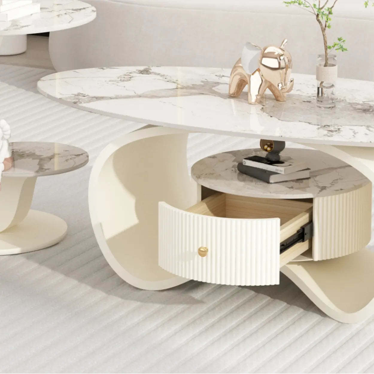 White Stone Oval Coffee Table with Drawer — Black