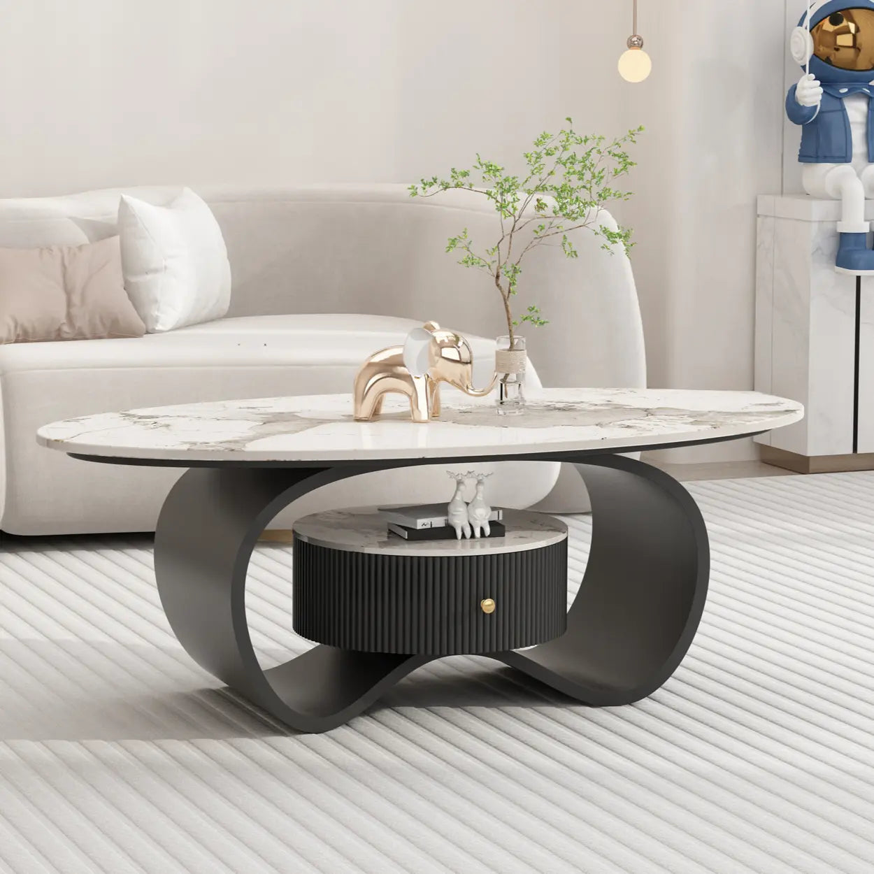 White Stone Oval Coffee Table with Drawer — Beige