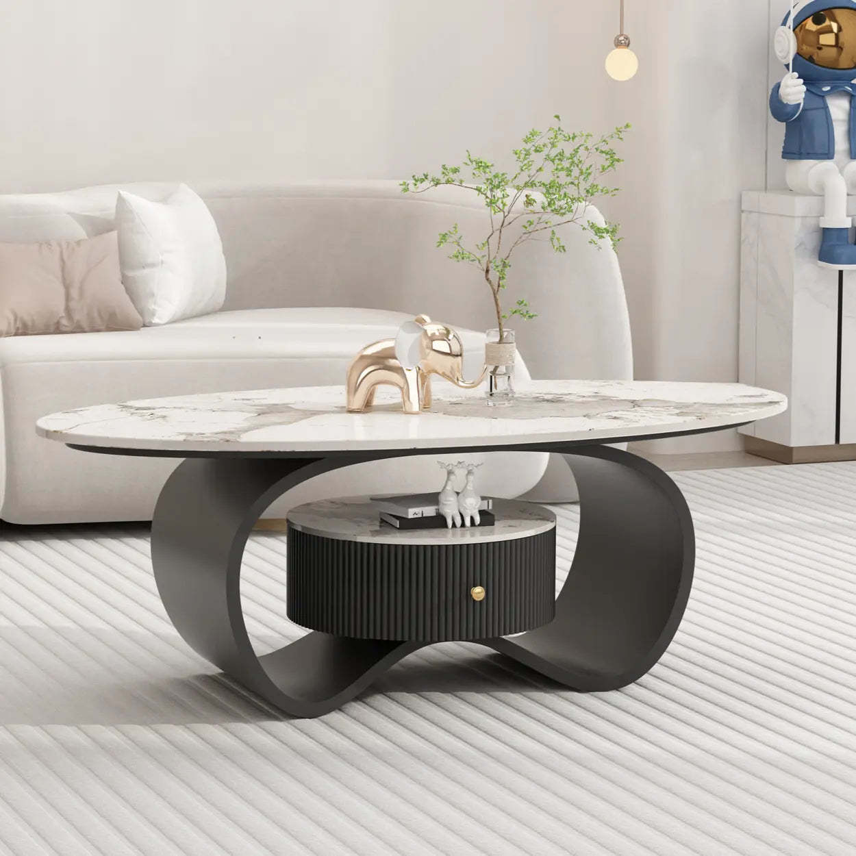 White stone drawer oval coffee tables - modern — 39" L x 20" W x 18" H / Coffee Table Only / Black