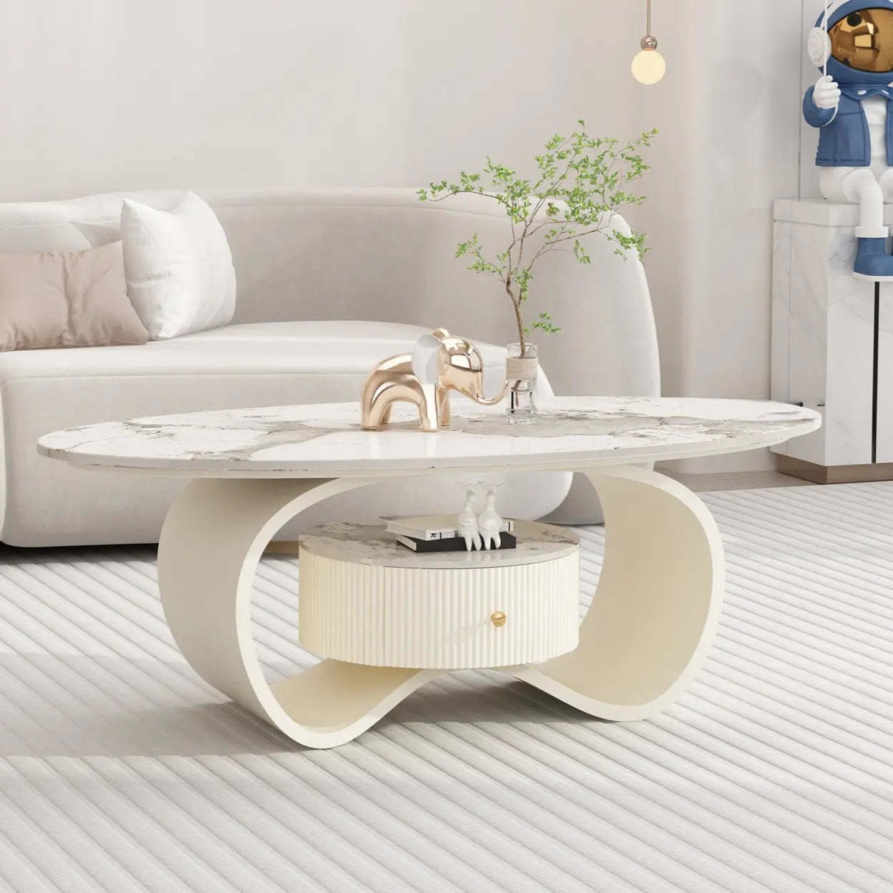 White Stone Oval Coffee Table with Drawer — Black