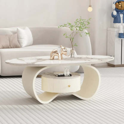 White Stone Oval Coffee Table with Drawer — Black