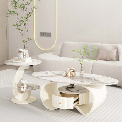 White Stone Oval Coffee Table with Drawer — Beige
