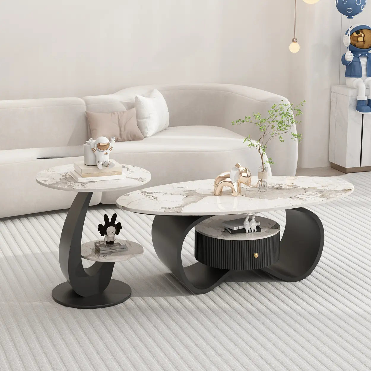 White Stone Oval Coffee Table with Drawer — Black