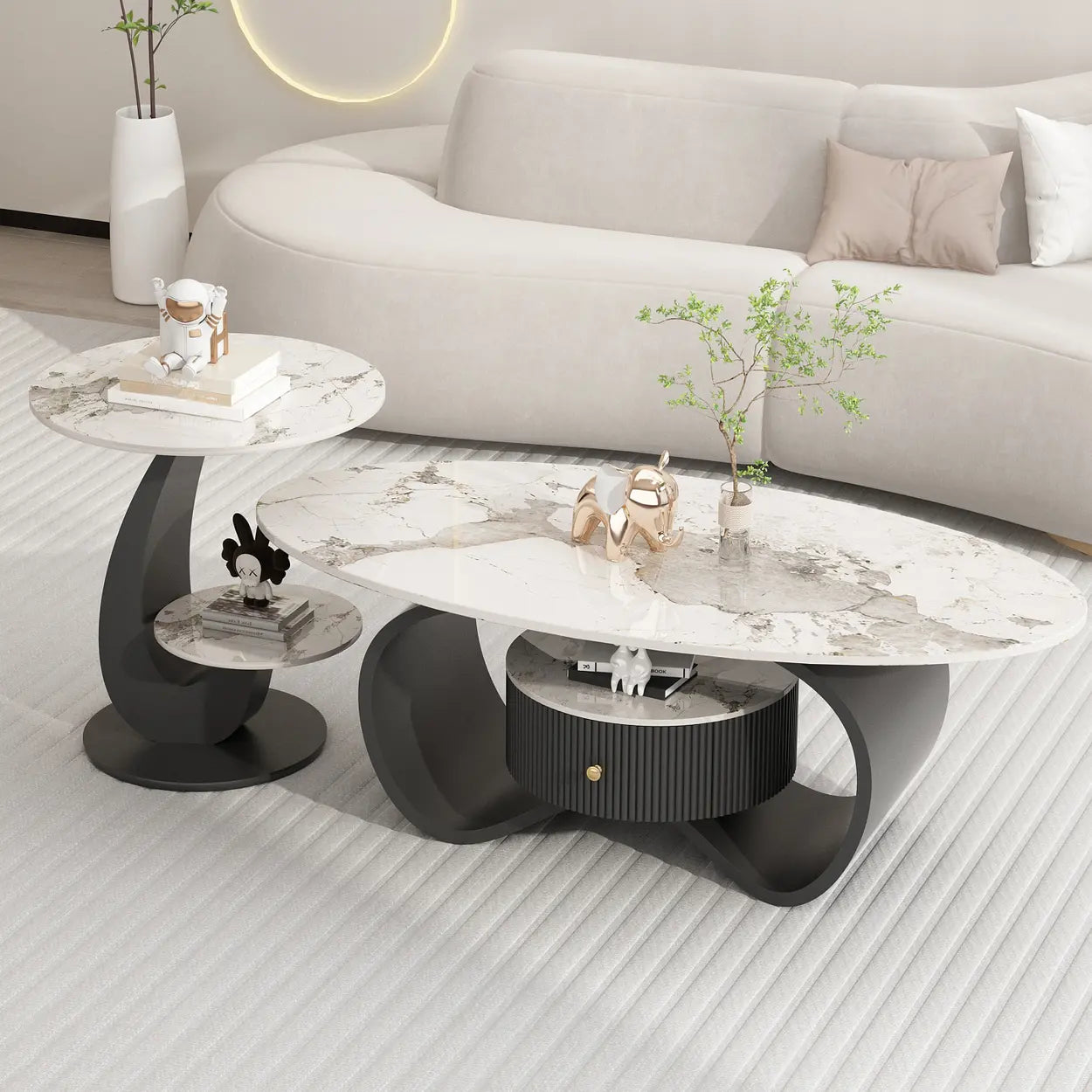 White Stone Oval Coffee Table with Drawer — Beige