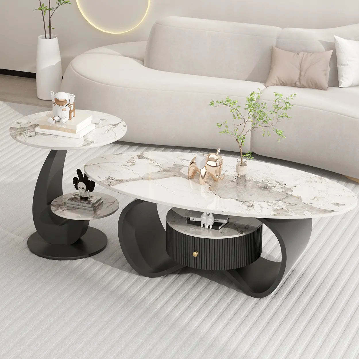 White Stone Oval Coffee Table with Drawer — Beige
