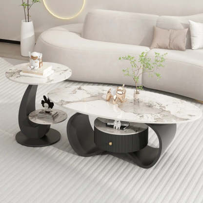 White Stone Oval Coffee Table with Drawer — Beige