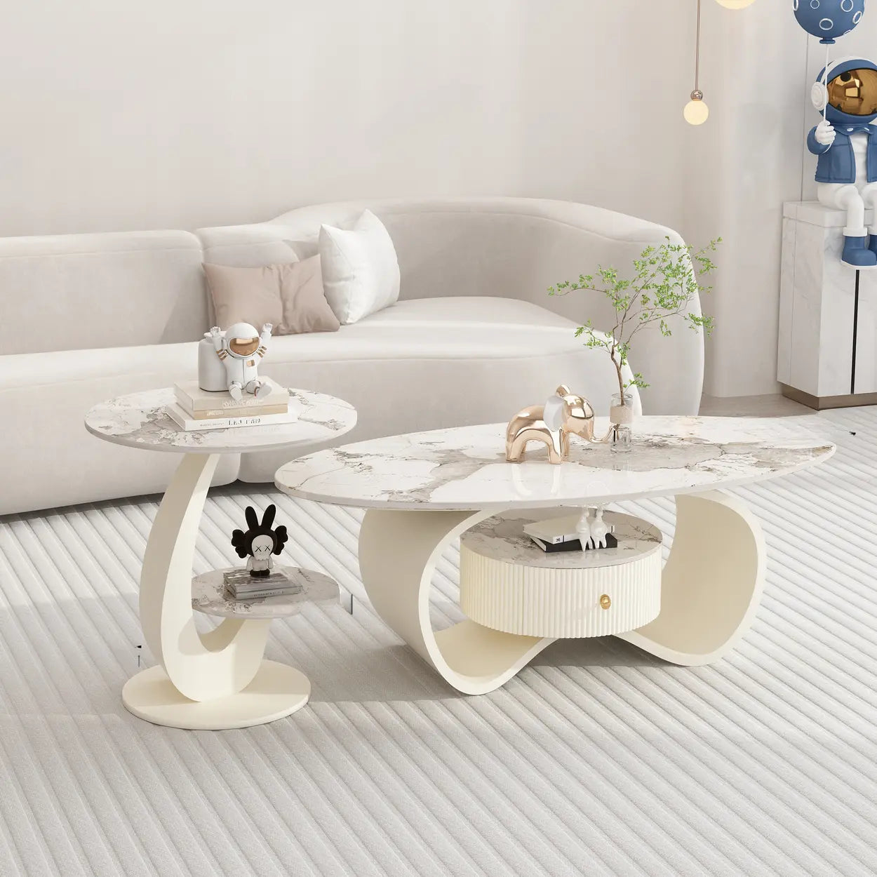 White Stone Oval Coffee Table with Drawer — Black