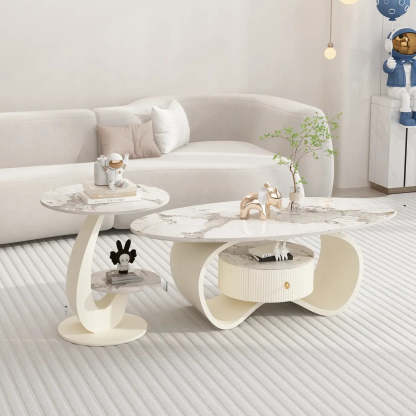 White Stone Oval Coffee Table with Drawer — Black