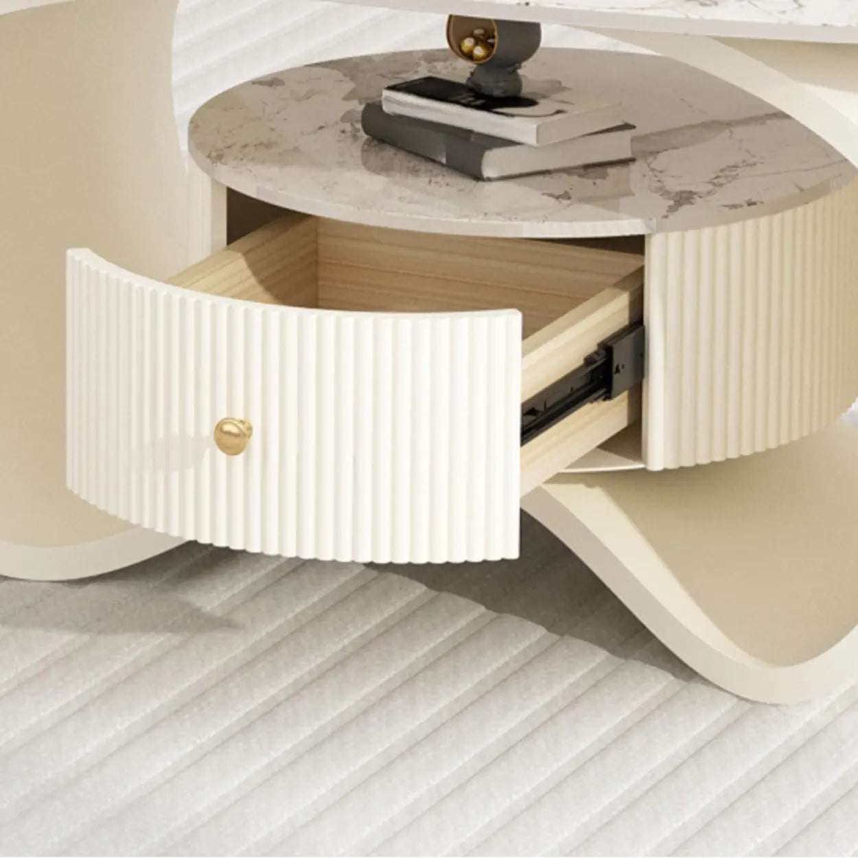 White Stone Oval Coffee Table with Drawer — Beige