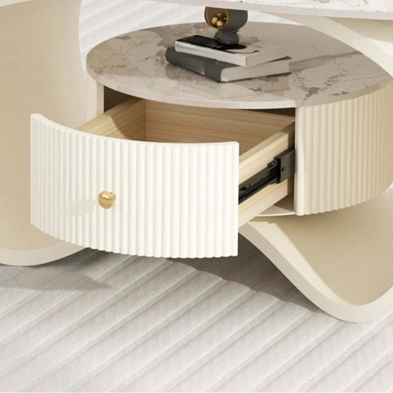 White Stone Oval Coffee Table with Drawer — Beige