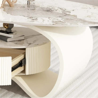 White Stone Oval Coffee Table with Drawer — Black