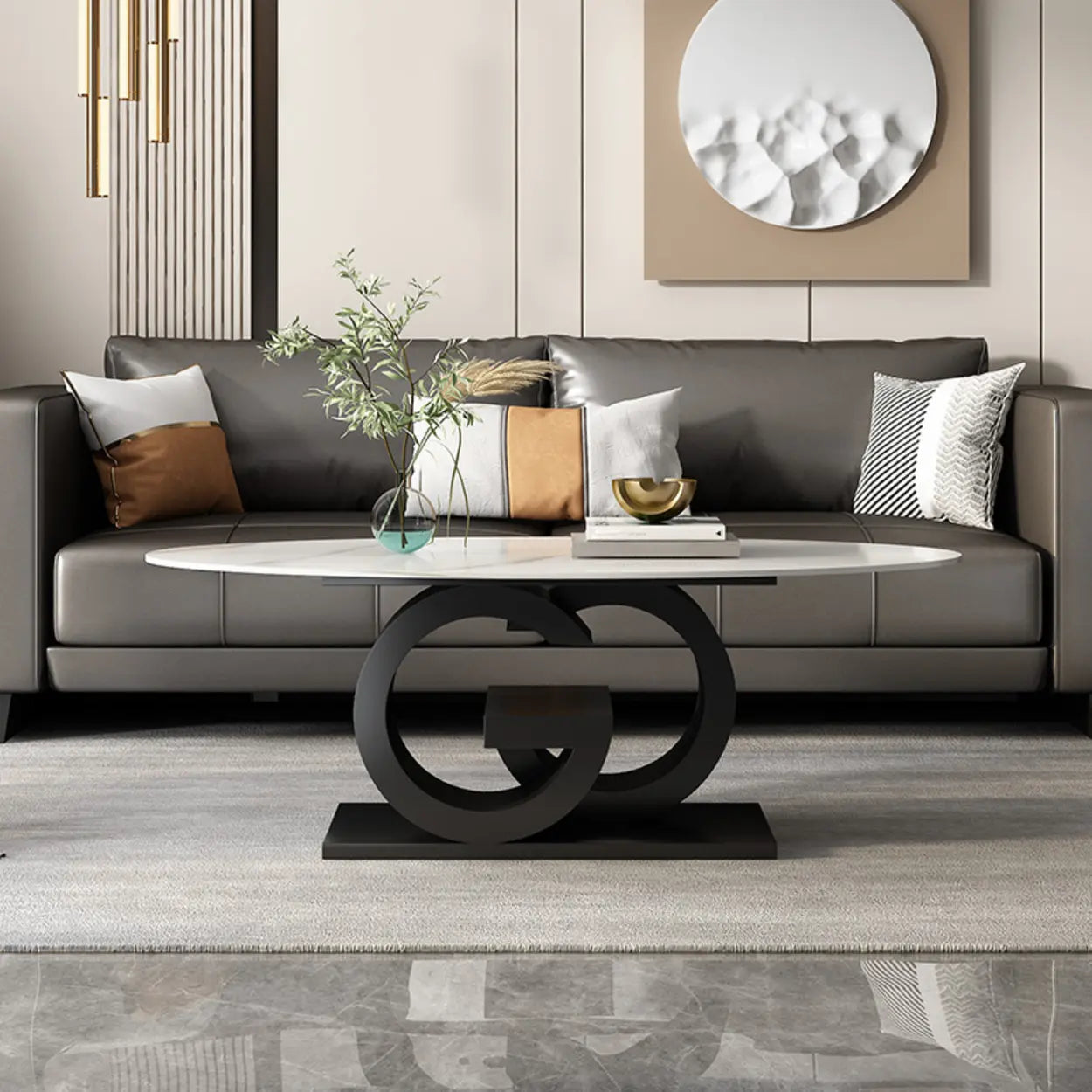 White Stone Oval Abstract Steel Coffee Table