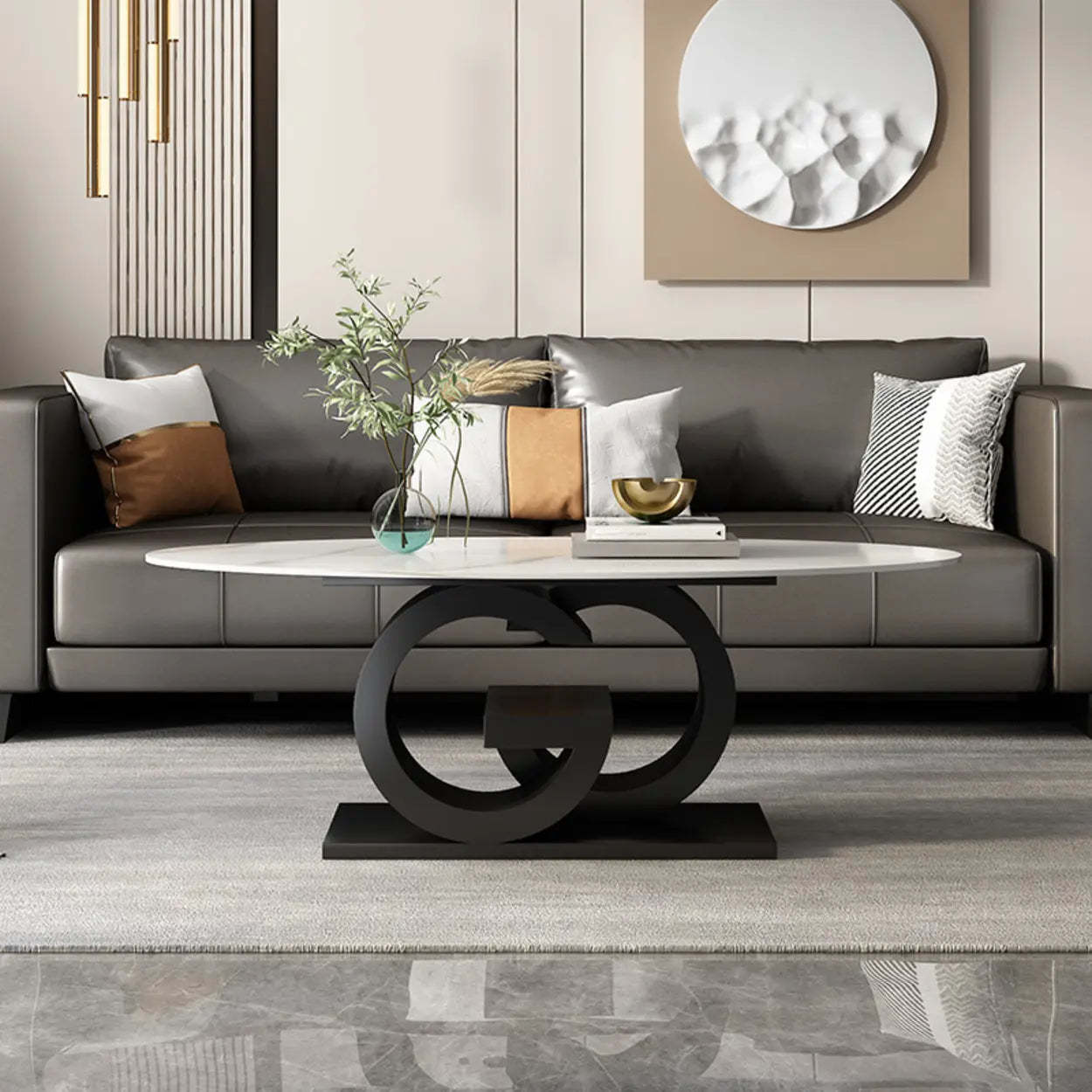 White Stone Oval Abstract Steel Coffee Table — White