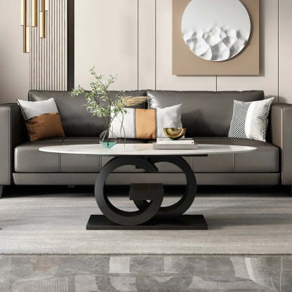 White Stone Oval Abstract Steel Coffee Table — White