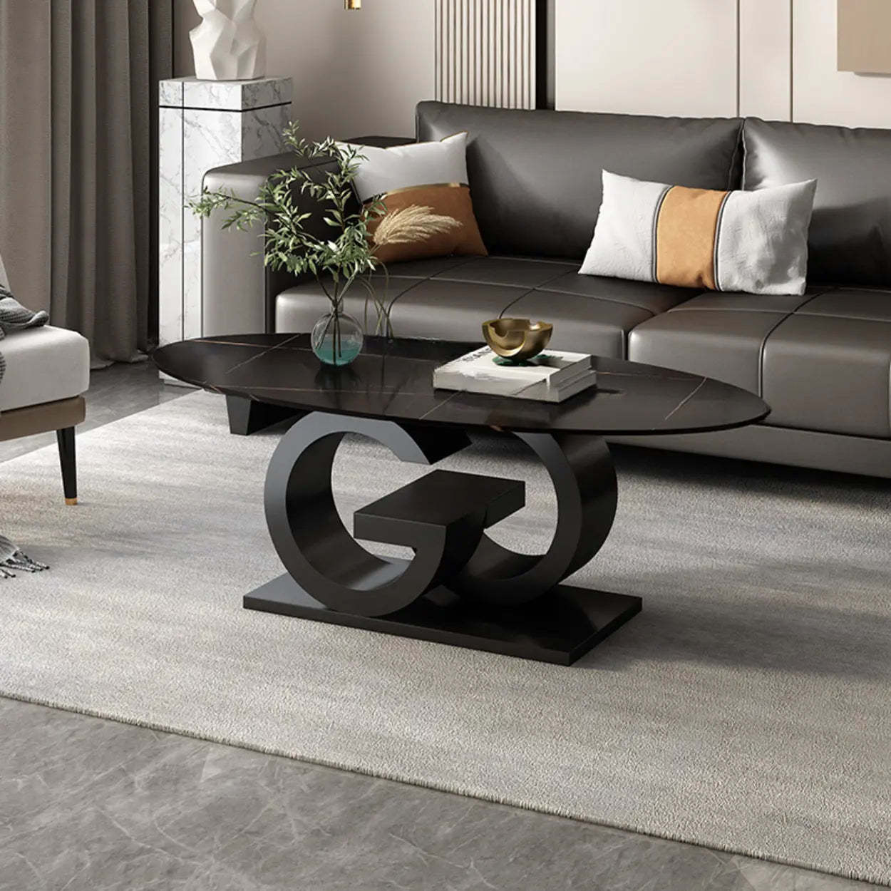 White Stone Oval Abstract Steel Coffee Table — Black-Gold