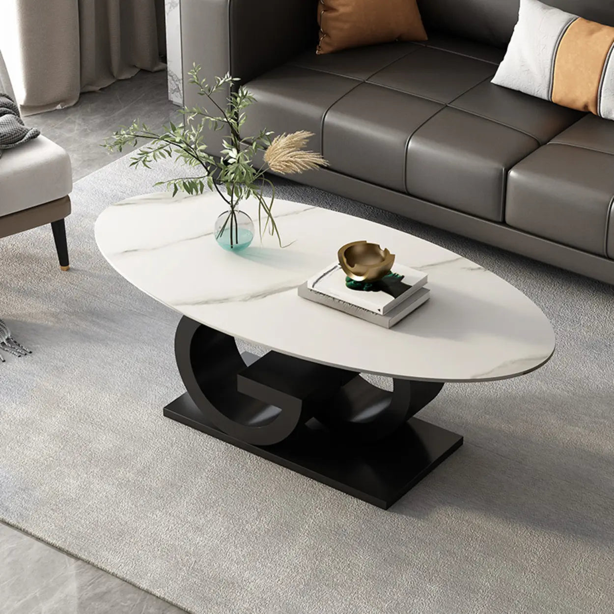 White Stone Oval Abstract Steel Coffee Table — White-Gold