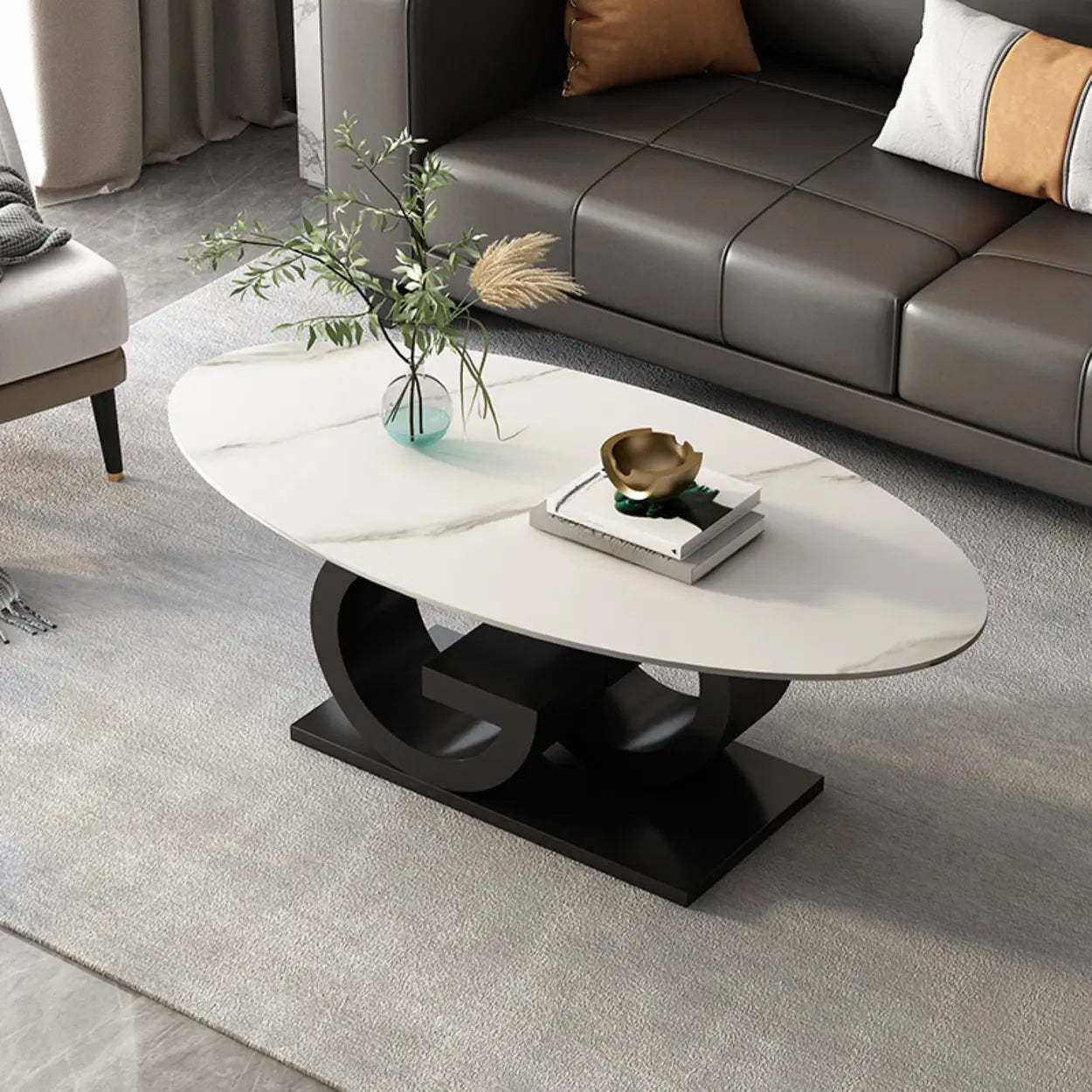 White Stone Oval Abstract Steel Coffee Table — White-Gold