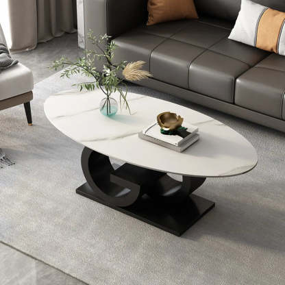 White Stone Oval Abstract Steel Coffee Table — White-Gold