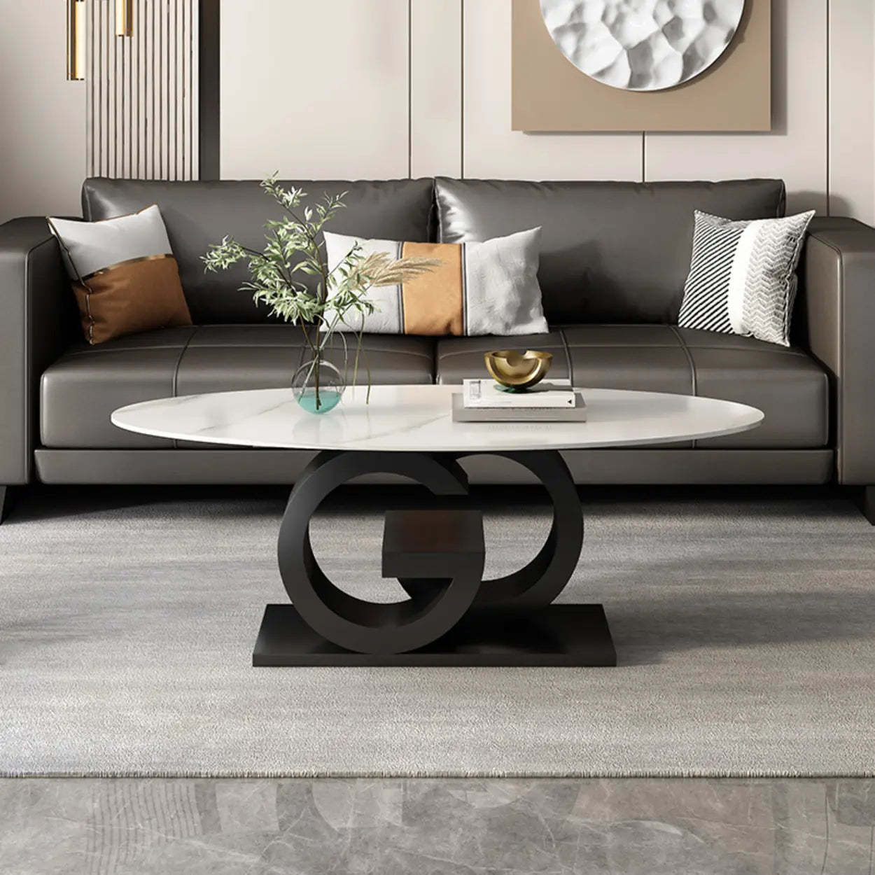 White Stone Oval Abstract Steel Coffee Table — Black-Gold